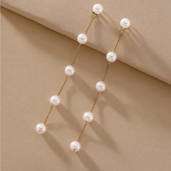 Gold Faux Pearl Drop Earrings - Picture 1 of 3